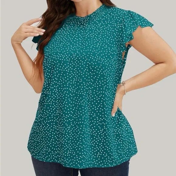 NWT!Teal polkadot mock neck cap sleeve top size 22-24 or3X - Picture 1 of 5